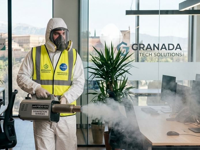 Técnico con equipo de protección aplicando nebulización desinsectante Técnico con equipo de protección aplicando nebulización desinsectante